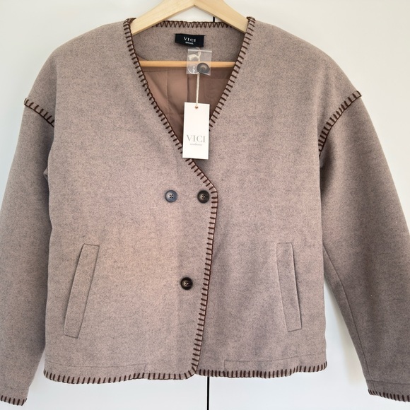Vici Women's Beige Cardigan with Brown Trim - Picture 1 of 14